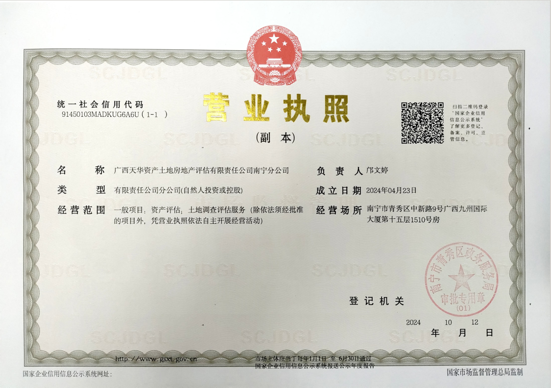 資產土地房地產評估公司（南寧）營業(yè)執(zhí)照副本